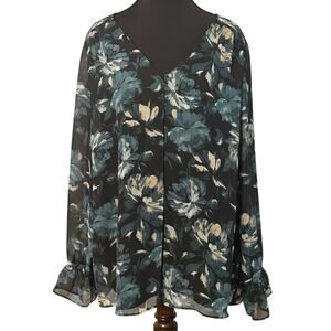 Kasper XL Green Sheer Floral‎ Blouse Open Front Overlay Long Sleeve Work Dressy